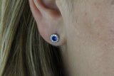 1ct Round Cut Blue Sapphire Halo Design Stud Earrings 14k White Gold Finish