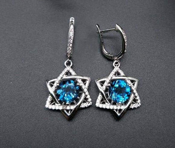 2ct Drop Earrings Round Cut London Blue Topaz Star of David 14k WhiteGold Finish