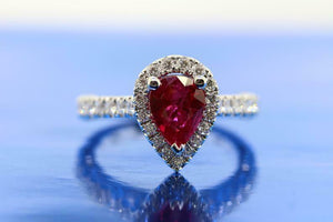 1.4ct Pear Cut Pink Ruby Engagement Ring Round Accent Halo 14k White Gold Finish