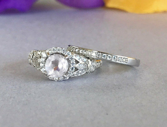 Art Deco Fancy Bridal Set Engagement Ring 2ct Round Diamond 14k WhiteGold Finish