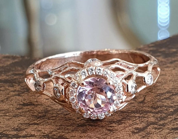 2ct Round Cut Morganite Engagement Ring Antique Inspired Halo 14k Rose Gold Over