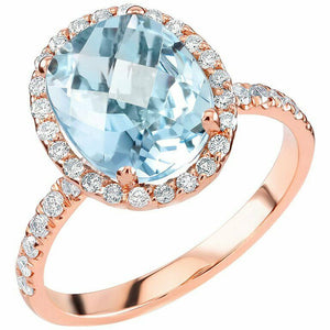 2ct Oval Cut Blue Aquamarine Engagement Ring Halo Solitaire 14k Rose Gold Finish