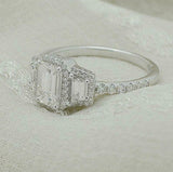 2.5ct Emerald Cut Diamond Halo Ring 14k White Gold Finish with Round Accents