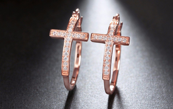 1.9ct Round Cut Diamond Large Cross Hoop Huggies Earrings 14k Rose Gold Finish