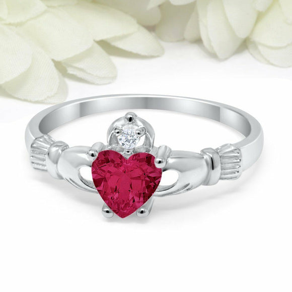 1.1Ct Heart Cut Pink Ruby Claddagh Ring Irish Engagement 14K White Gold Finish