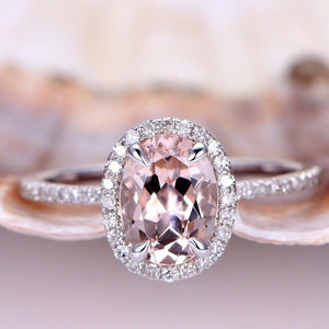 1.4ct Oval Cut Peach Morganite Halo Solitaire Engagement Ring 14k WhiteGold Over