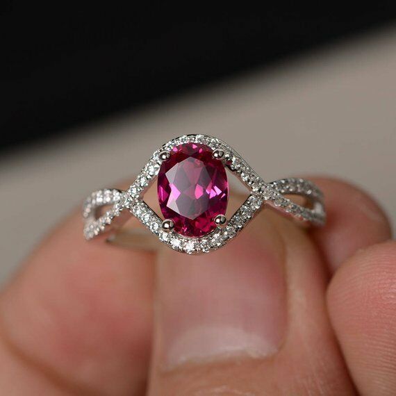 2ct Oval Cut Pink Ruby Infinity Promise Engagement Ring 14k White Gold Finish