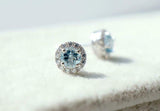 1ct Round Cut Blue Aquamarine Diamond Halo Stud Earrings 18k White Gold Finish