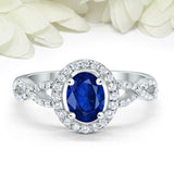 2ct Oval Cut Blue Sapphire Engagement Ring Twist Shank Halo 14k WhiteGold Finish