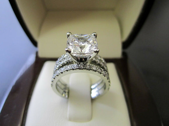 5Ct Cushion Cut Diamond Trio Set Engagement Ring Dual Band 14K White Gold Finish