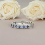 1.5ct Round Blue Sapphire Wedding Band Vintage Half Eternity 14k White Gold Over