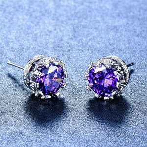 2ct Round Cut Purple Amethyst Crown for Women Stud Earrings 14k WhiteGold Finish