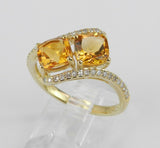 3ct Cushion Cut Yellow Citrine Two Stone Engagement Ring 14k Yellow Gold Finish