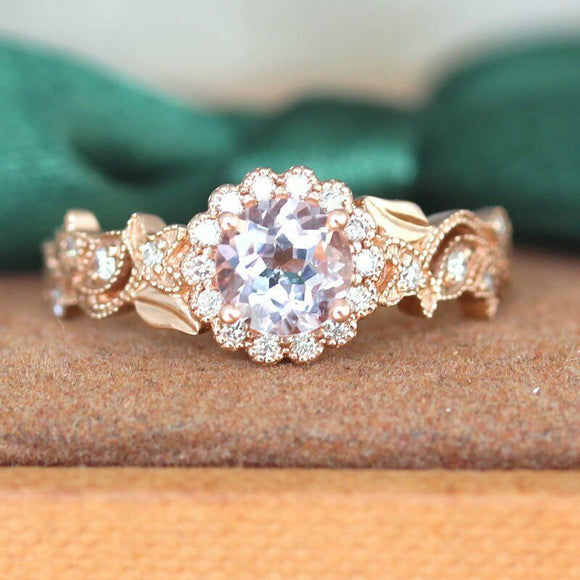 2.3Ct Round Cut Peach Morganite Vintage Engagement Halo Ring 14K Rose Gold Over