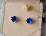 2ct Stud Earrings Cushion Cut Sapphire Diamond Halo Design 14k White Gold Finish