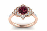 2.2ct Round Red Garnet Flower Milgrain Halo Engagement Ring 14k Rose Gold Finish