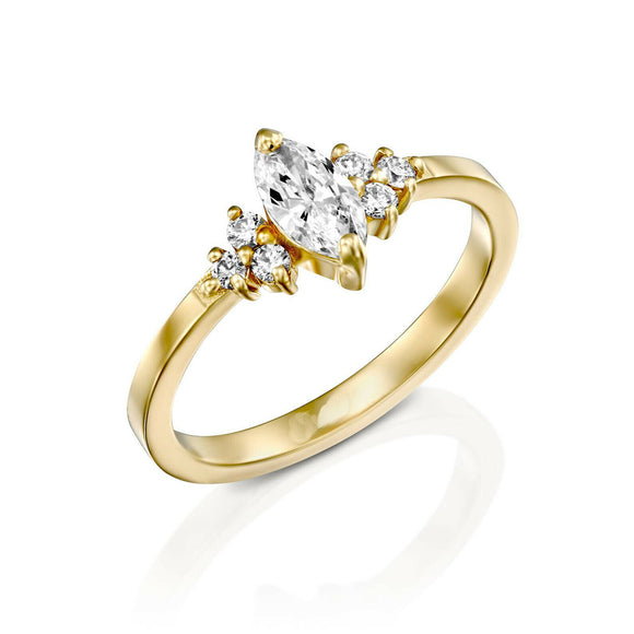 1.2ct Marquise Cut Diamond Solitaire with Round Accent Ring 14k Yellow Gold Over