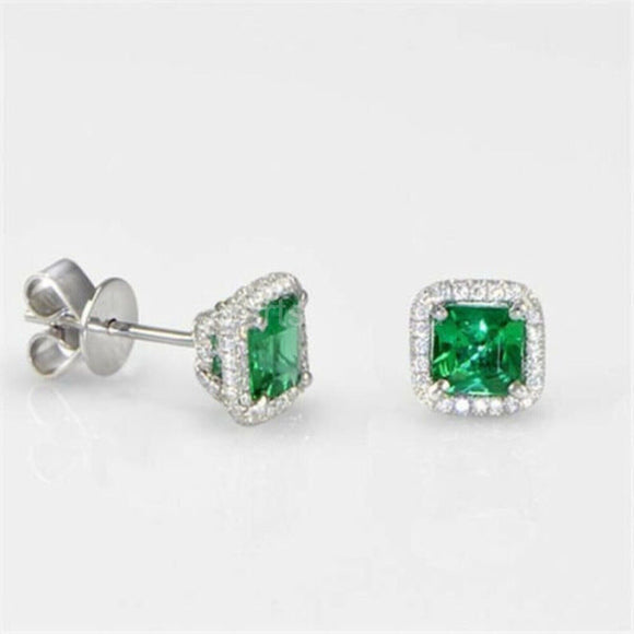 1ct Asscher Cut Simulated Green Emerald Halo Stud Earrings 14k White Gold Plated