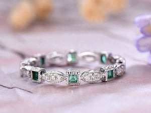 1ct Princess Cut Green Emerald Full Eternity Stackable Band 14k WhiteGold Finish