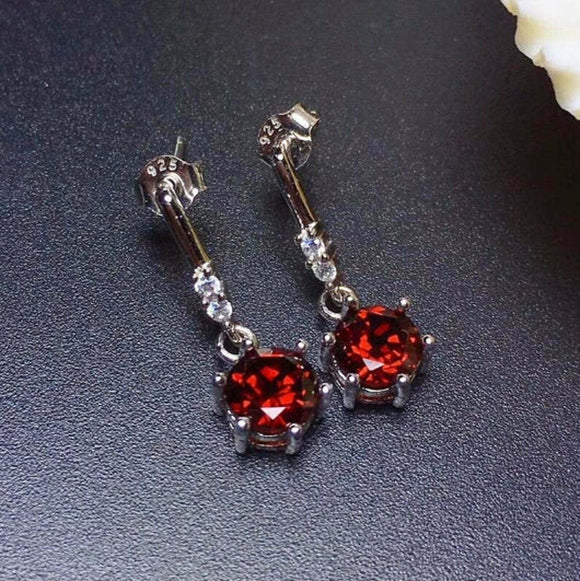 1.5ct Drop Earrings Round Cut Garnet Vertical Bar Dangle 14k White Gold Finish