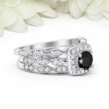 4Ct Round Cut Black White Diamond Trio Set Engagement Ring 14K White Gold Finish