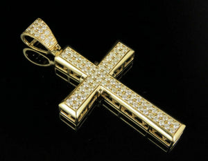 2.25ct Round Cut Diamond Two Row Cross Pendant 14k Yellow Gold Finish NO CHAIN