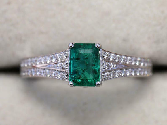 2ct Green Emerald Cut Split Shank Solitaire with Accent Ring 14k White Gold Over