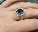 2.4ct Oval Cut Blue Sapphire Vintage Inspired Halo Ring 14k White Gold Finish