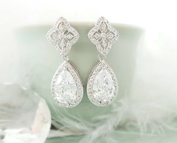 4ct Pear Cut Diamond Halo Filigree Antique Drop Earrings 14k White Gold Finish