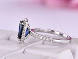 2ct Elongated Cushion Cut Blue Sapphire Engagement Ring Halo 14k White Gold Over