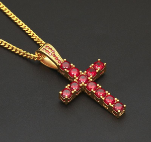 4ct Round Cut Pink Ruby Christ Cross Pendant 14k Yellow Gold Finish NO CHAIN