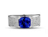 5ct Cushion Cut Blue Tanzanite Cluster Men Engagement Ring 14k White Gold Finish