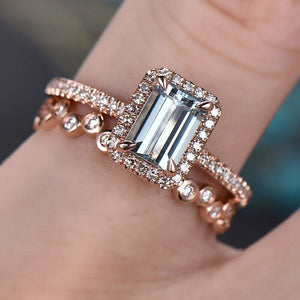 3Ct Emerald Cut Blue Aquamarine Bridal Set Engagement Ring 18K Rose Gold Finish