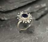 1ct Engagement Ring Oval Cut Blue Sapphire Leaf Floral 14k White Gold Finish