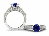 1.5ct Round Blue Sapphire Engagement Ring Vintage Filigree 14k White Gold Finish