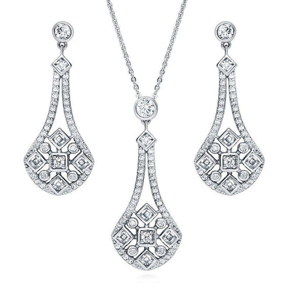 4ct Round Cut Diamond Art Deco Drop Pendant Earring Combo 14k White Gold Finish