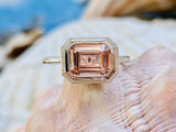 2.4ct Emerald Cut Peach Morganite Solitaire Milgrain Ring 14k White Gold Finish