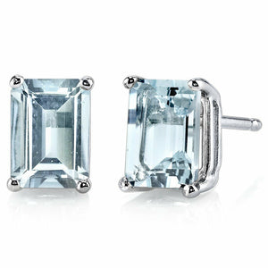 2Ct Emerald Cut Blue Aquamarine Solitaire Stud Earrings 14K White Gold Finish