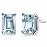 2Ct Emerald Cut Blue Aquamarine Solitaire Stud Earrings 14K White Gold Finish