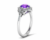 2.2ct Round Cut Purple Amethyst Flower Milgrain Halo Ring 14k White Gold Finish