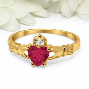 1.1ct Heart Cut Pink Ruby Engagement Ring Claddagh Irish 14k Yellow Gold Finish