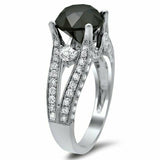 3Ct Round Cut Black Diamond Split Shank Engagement Ring 14K White Gold Finish