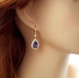 2.3ct Pear Cut Purple Amethyst Diamond Halo Drop Earrings 14k Yellow Gold Finish