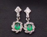 3.4ct Drop Earrings Oval Cut Green Emerald Floral Design 14k White Gold Finish