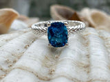 2.5ct Cushion Cut London Blue Topaz Braided Solitaire Ring 14k White Gold Finish