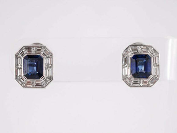 2ct Emerald Cut Blue Sapphire Diamond Halo Stud Earrings 14k White Gold Finish