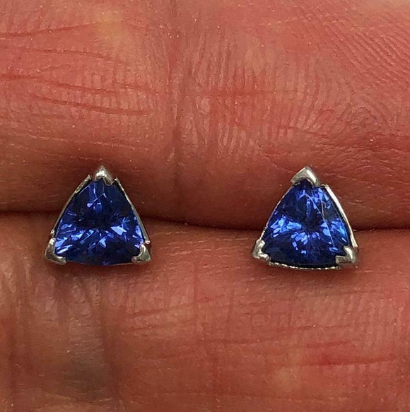 1ct Trillion Cut Blue Tanzanite Solitaire Stud Earrings 14k White Gold Finish