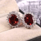 3.5ct Stud Earrings Oval Cut Red Garnet Diamond Halo Floral 14k WhiteGold Finish