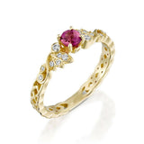 1ct Round Cut Ruby Petal Leaf Solitaire with Accents Ring 14k Yellow Gold Finish