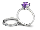 2ct Cushion Purple Amethyst Diamond Accent Bridal Set Ring 14k White Gold Finish